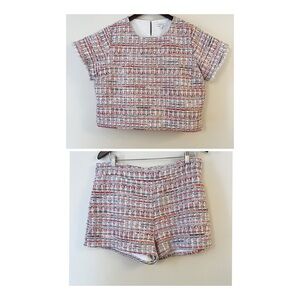 S’edge Tweed Matching Set Shorts and Crop Top Size Large Pink White Metallic